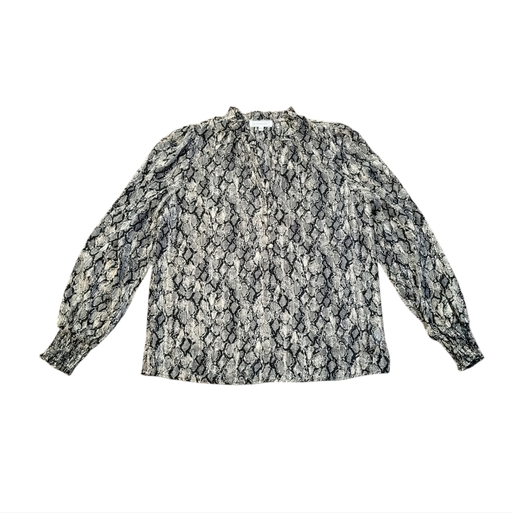 Blousology Snake Print Semi-Sheer Blouse Top Long Sleeve Ruffle Ruched Medium